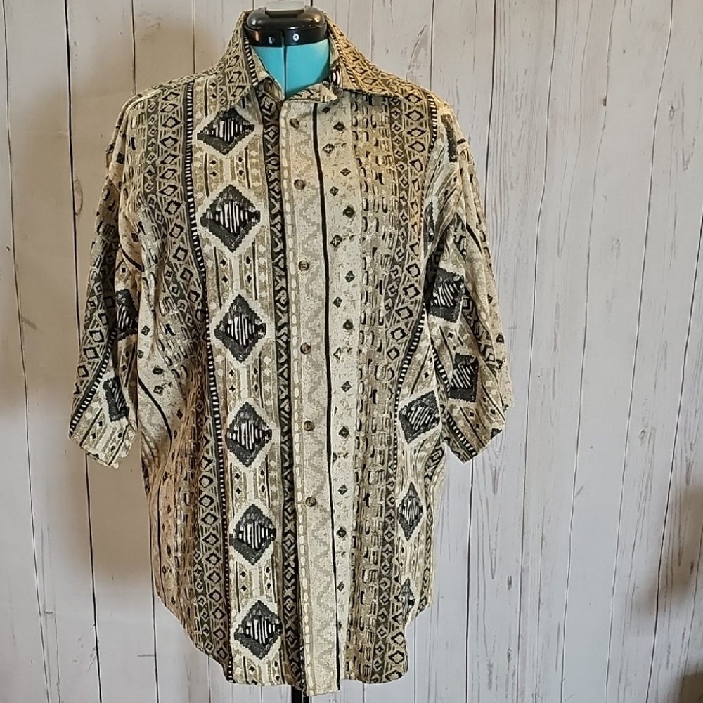 Ruff Hewn Beige and Black Casual Button Down Shirt